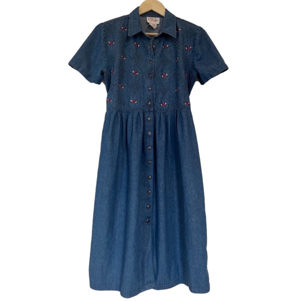 Vintage Women's V.I.Petites Denim Midi Collared Dress Floral Embroidery Bodice